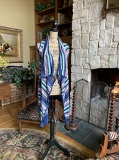 Sweater Vest Blue Pink White Striped Sleeveless Duster Cardigan M 38” 34”