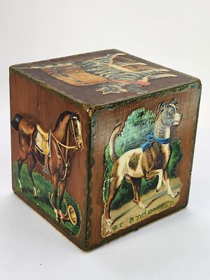 Antique Wood BLOCK 3.5'' /side VICTORIAN Litho Decorated Holiday Decor Display