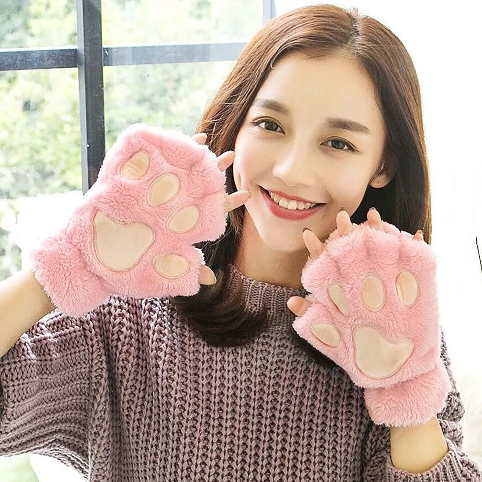 Cat Paw Thermal Halffinger Kawaii Fuzzy Gloves Cartoon Furry Gloves
