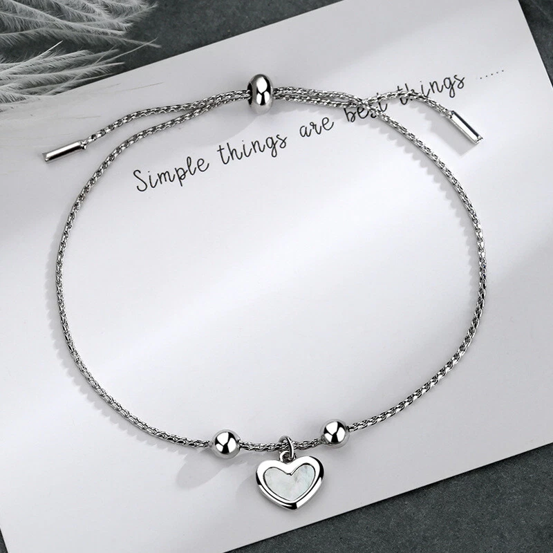 925 Sterling Silver Heart Link Charm Bracelet Chain Womens Girls