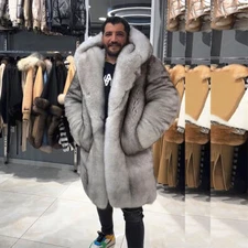 Fashion Men Full Skin Genuine Fox Fur Coat Hood Winter Warm Overcoat Long Jacket