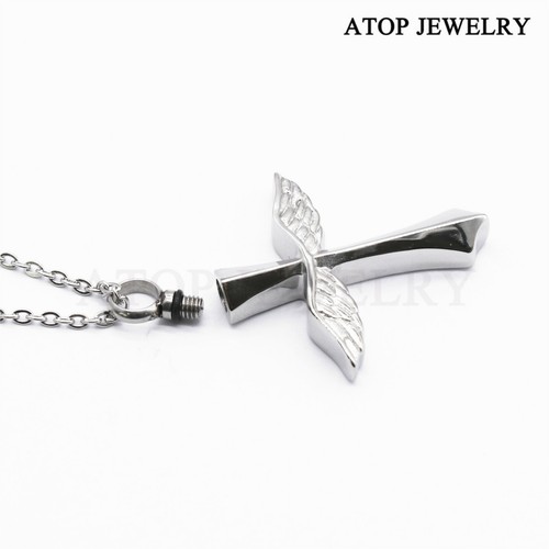 NEW Cross Angel Wing Urn Necklace for Ashes Cremation Jewelry Keepsake With Tool - Picture 3 of 5