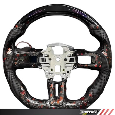 LED Red Forged Real Carbon Fiber Steering Wheel For 2015-2023 Ford Mustang GT