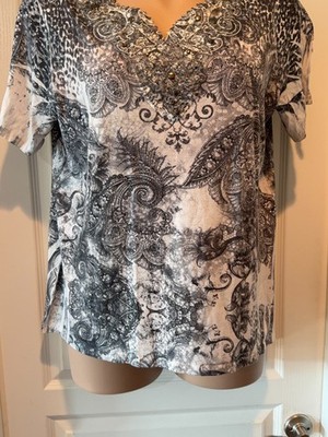 Liz & Me for Catherines 1X Boho Tunic Grey/Silver Embellished