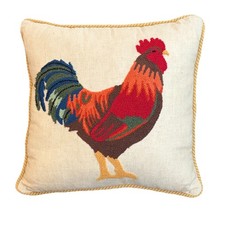 Rooster Throw Pillow Embroidered Gold Braid Trim 16  Zip Polyester Form Insert