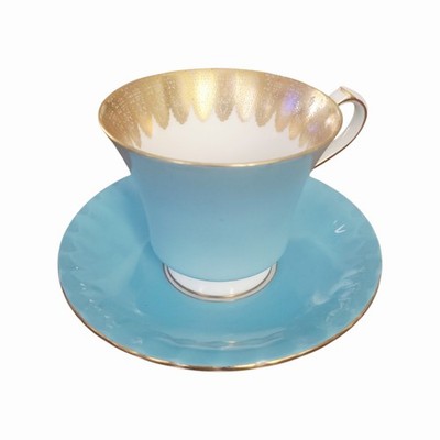 Aynsley Fine English Bone China Turquoise Blue and Gold Tea Cup and Saucer Set