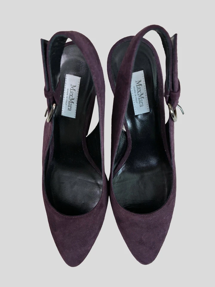 Max Mara Gamuza Eslinga Trasera Púrpura Bomba 3" Tacón Bloque Italia Talla 36.5 Nuevo $515 Foto 3 de 4