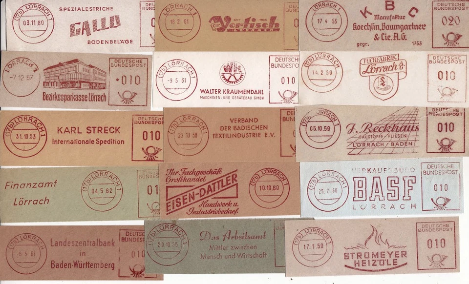 ZB21 Lörrach 15 verschiedene seltene Absenderfreistempel aus 1953-1961 - Bild 1 von 1