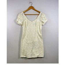 Guess Lace Mini Dress Womens 6 Cream Floral V-Neck Puff Sleeve Los Angeles