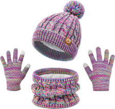 Kids Winter Pom Beanie Hat Scarf Gloves Set,Toddler Girls Boys Warm Knitted Flee