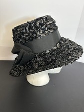 VTG Union Made Black Raffia Straw Bucket Hat Ribbon Band Sz 6 21" Circ.