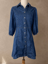 Gap Sz S Organic Cotton Denim Button Front Mini Dress Blue Puff Sleeve