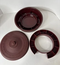 Vintage Mid Century Domart Round Burgundy Red Bakelite Sewing Box 9.5" USA