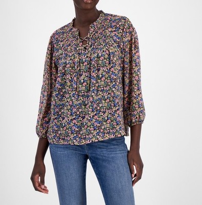 Nautica Women's Size S Floral Lace Up Pintuck 3/4 Sleeve Blouse NEW