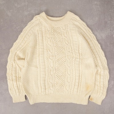 Vintage 80er Grobstrick Pullover mit Zopfmuster XL Wolle Damen Creme Pulli