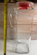 Vtg 1990s Pasabahce Frigo Ribbed Glass Carafe Pitcher 1 Liter Red Plastic Lid