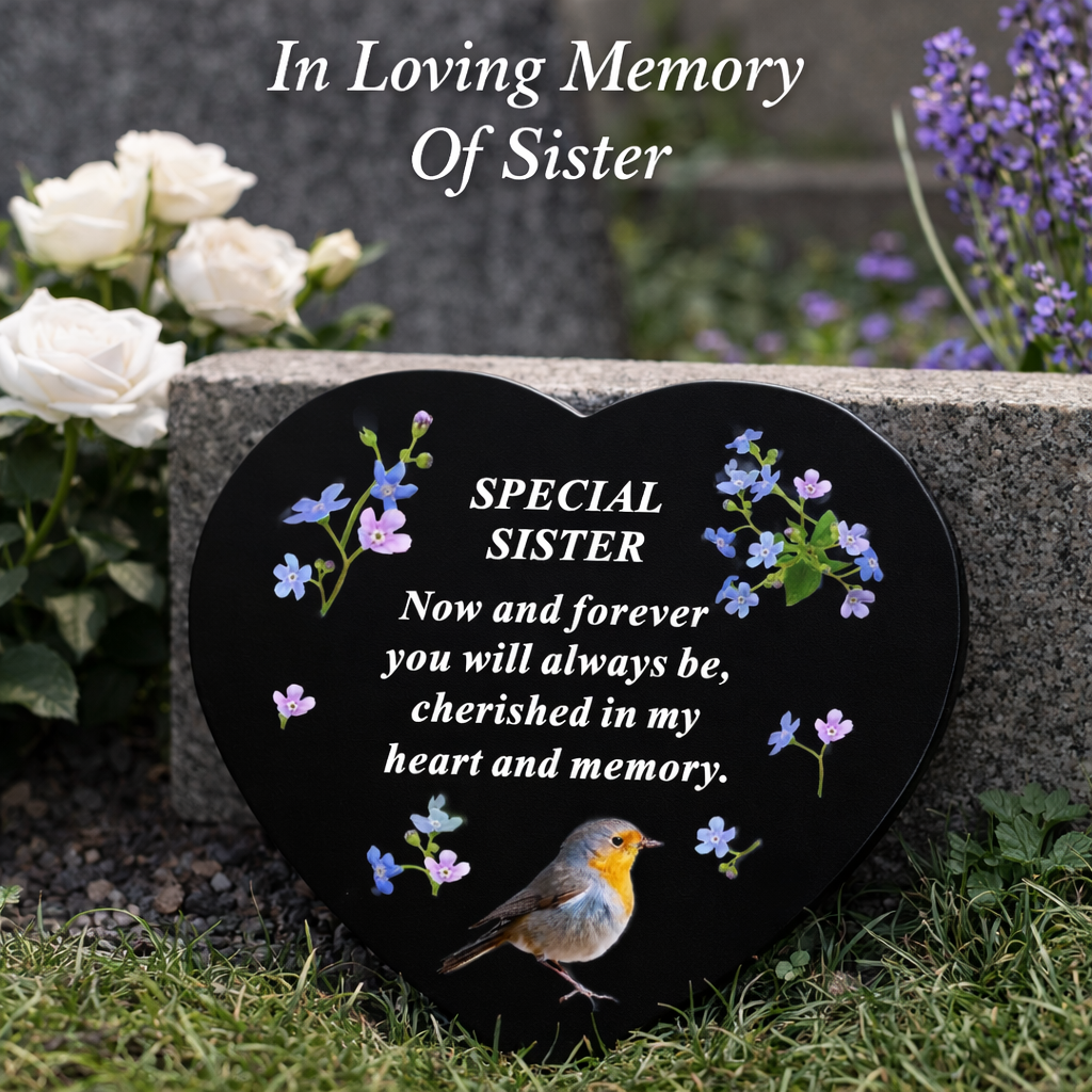Sister Memorial Heart Plaque Robin Forget Me Not Graveside Remembrance Tribute