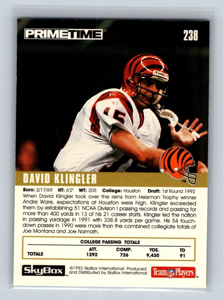 David Klingler 1992 SkyBox Prime Time #238 Cincinnati Bengals - Image 2 of 2