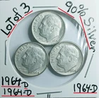 Lot of Roosevelt Dimes 90% Silver 1964-D 1964-D 1964-D VG Condition look & Judge