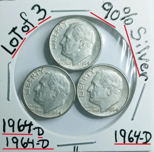 Lot of Roosevelt Dimes 90% Silver 1964-D 1964-D 1964-D VG Condition look & Judge
