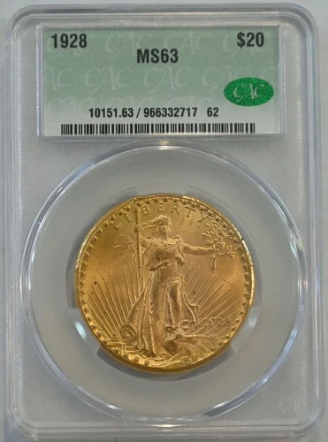 1928 Saint Gaudens $20 gold  CAC  graded  MS63  gold coin -  free shipping!!!