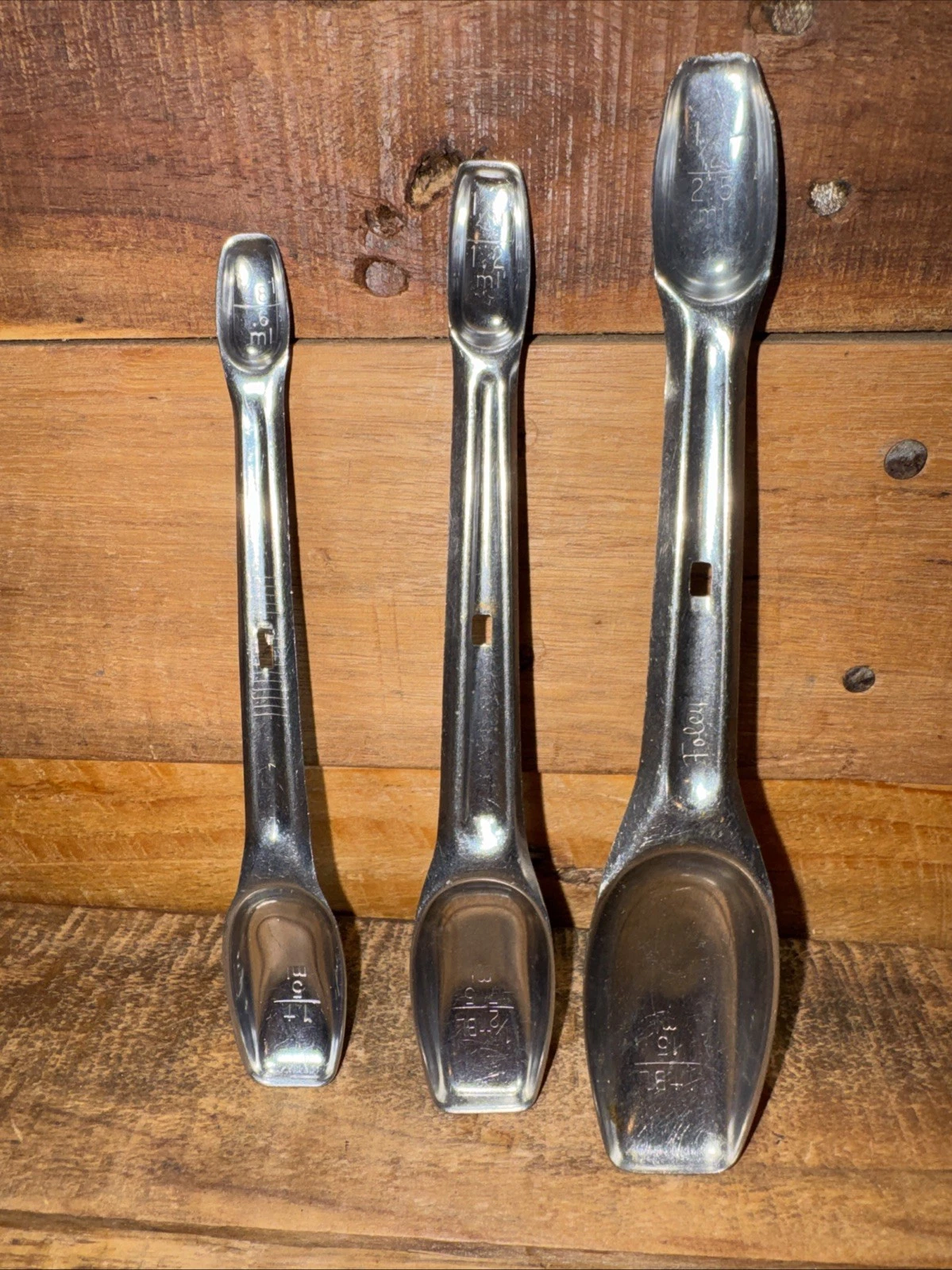 Vintage FOLEY Long Handled Stainless Nested Measuring Spoons Double Ends Locking