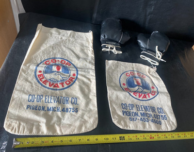 Co-Op Elevator Co. Pigeon Michigan vintage bags w/ Roddy Jr. boxing gloves