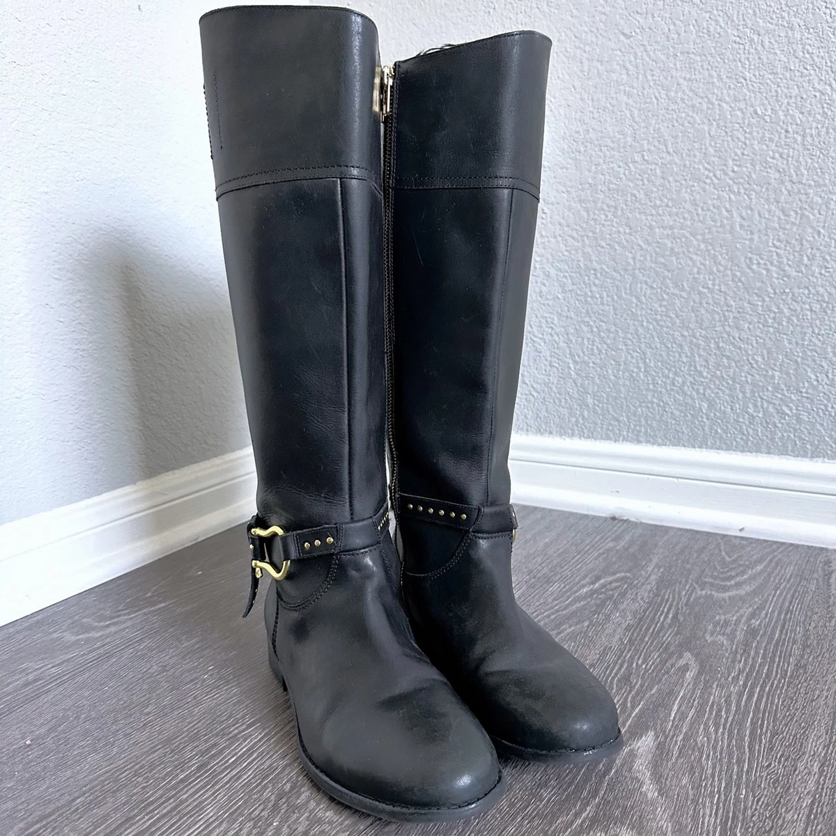 Sperry Women Top Sider Black Leather gold studded Tall Riding