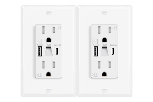 2PK 15A Night Light Outlet, 4.8A USB A/C, Tamper-Resistant, Wall Plate Included