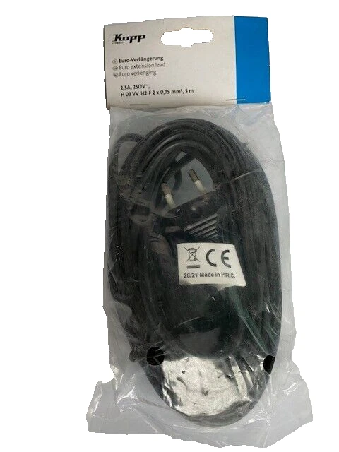 Kopp Verlängerungskabel Euro-Verlängerung, 3m, IP20, 250V (2,5A) 575W, Schwarz - Bild 1 von 2