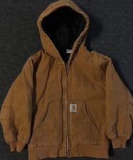Vtg Carhartt Boys Faded Hooded Lined Jacket XS 6 Hiking Hunting Biker Grunge 90s