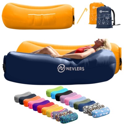 Nevlers Inflatable Pack Navy Saffron Blow Up Lounger Beach Sofa Bed  Chair