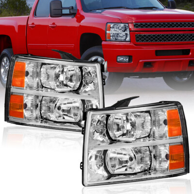 Pair Black Headlights For 2007-2013 Chevy Silverado 1500 2500 HD - Clear Lens Halogen