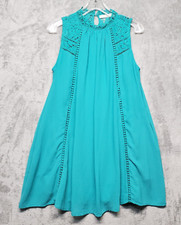 Andree By Unit Womens Dress Small Teal w/ Lace Crochet Accent Sleeveless Pockets