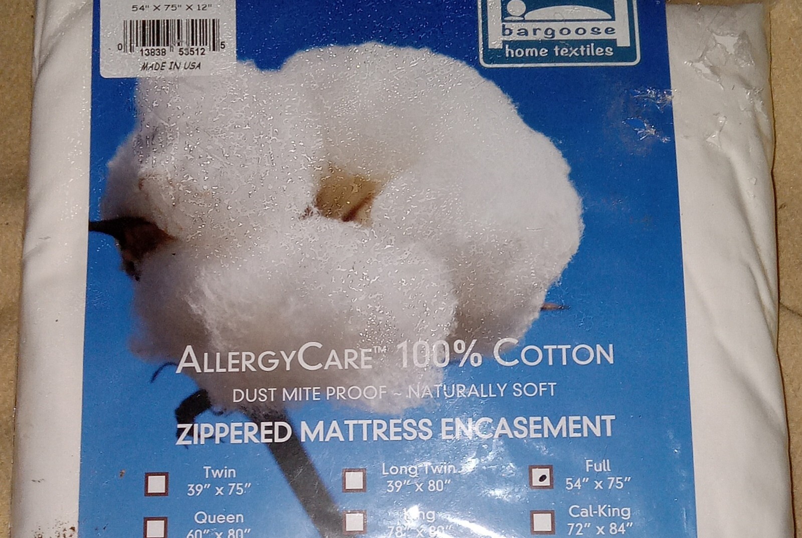 Bargoose Allergycare Pure Cotton FULL SIZE 12" Depth Zip Mattress Protector READ