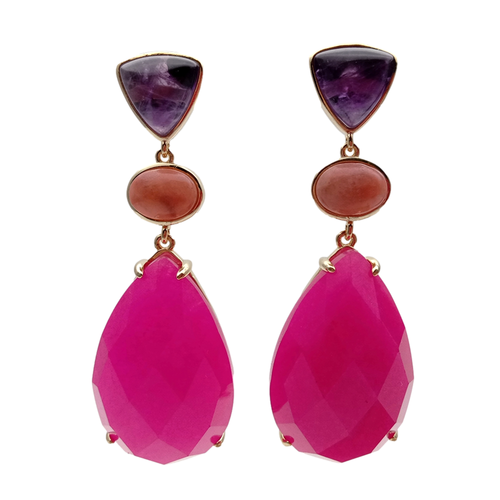 Fuchsia Jade Amethyst Red Aventurine Bezel Set Gemstone Dangle Earrings - Picture 6 of 6