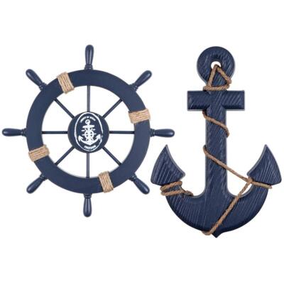 Navy Blue Wooden Ship Wheel 11'' Ship Rudder Decor Helm Wheel Wall Hanging