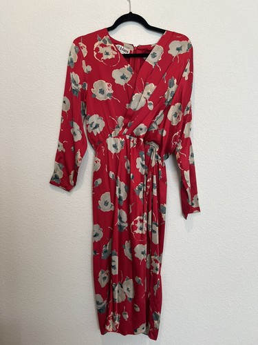 Vintage BILL BLASS Red Silk Wrap Style Dress Pleated V-Neck Women’s Sz 6 Floral