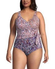 LANDS' END Plus Size 22W Slender Tummy Control V-neck Wrap Swimsuit NWT 155