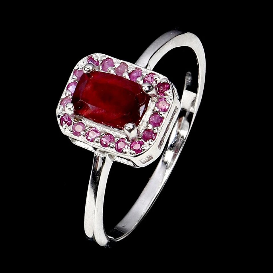 925 Anello Argento Sterling Ottagono Rubino 6x4mm Naturale Gemma Gioielli Misura - Immagine 2 di 4