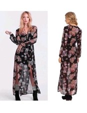  MinkPink Women's Floral Maxi Sheer  Dress Black Long Sleeve Split Hem  Size M