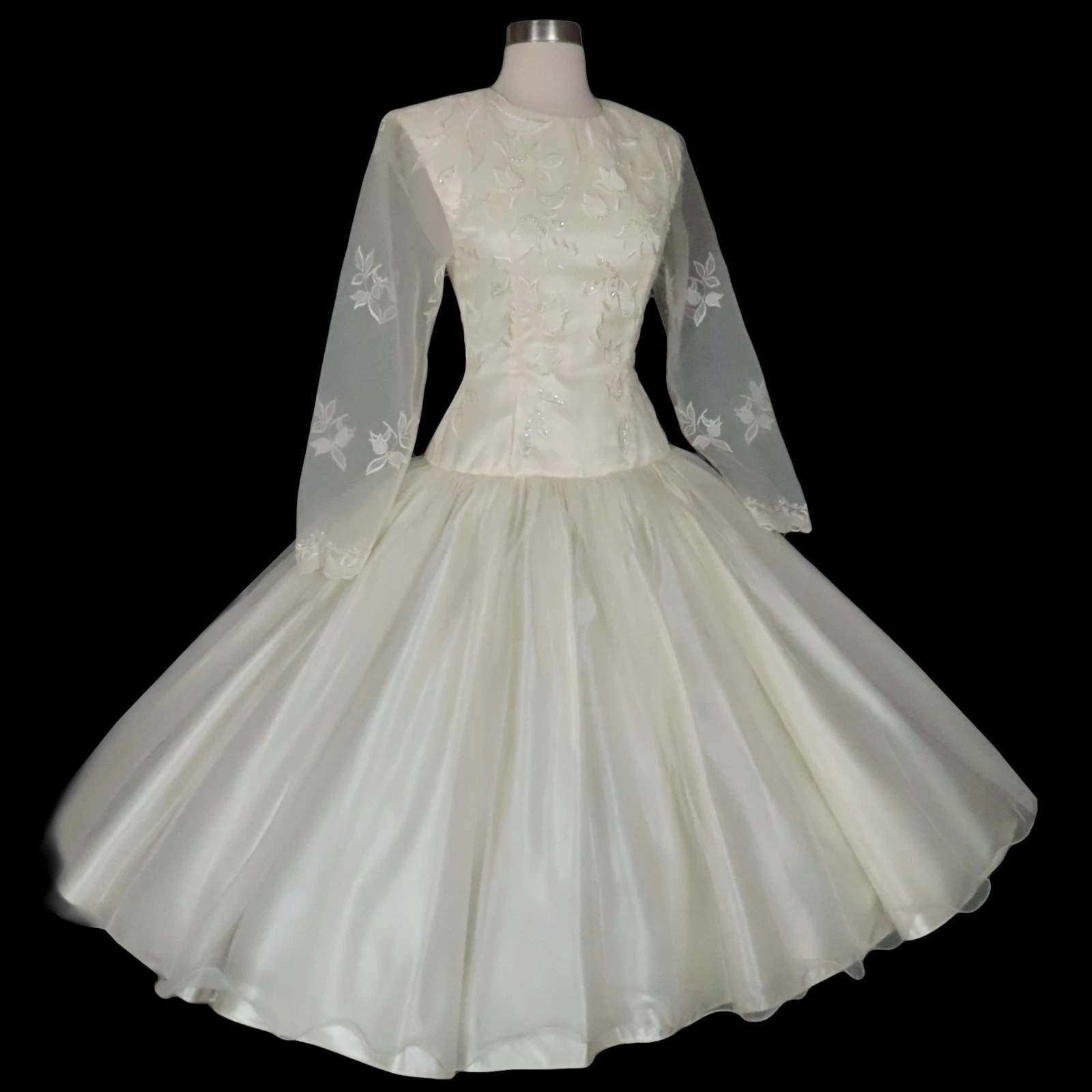 OFF WHITE Abito vintage anni 80 bianco sporco perline modesto gonna intera ballo matrimonio festa XXS XS