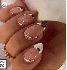Short Oval French Tip Press-On Nails Acrylic Full Cover Cheetah W280 Beige Gold