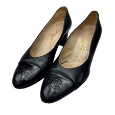 CHANEL Pumps Coco Mark Leather Black Women's Heel Size EU37.5/US7