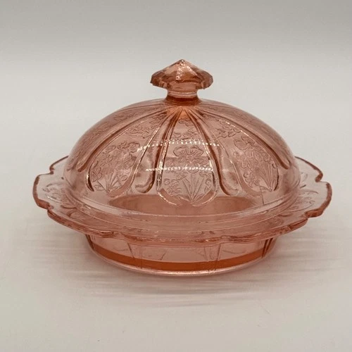 Vintage Jeannette Cherry Blossom Pink Depression Glass Covered Butter Dish 1930s