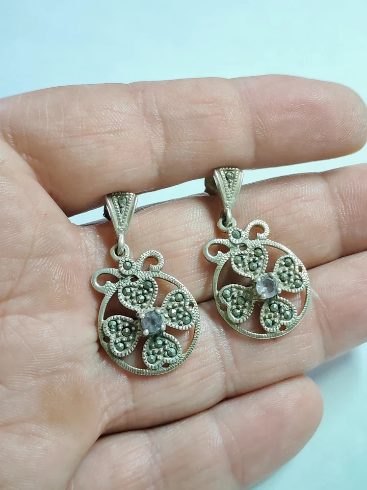 Orecchini donna vintage argento 925 ametista marcasite pendenti - Immagine 4 di 4