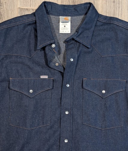 Vtg CARHARTT S02 Denim Shirt Western PEARL SNAPS Heavy Duty 2XL Made in USA - Picture 2 of 6