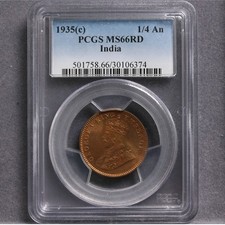 India 1935(c) 1/4 Anna PCGS MS66RD Gem UNC