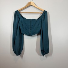 Urban Outfitters Womens Teal Satin Corset Crop Top Long Sleeve Ruched Size XS