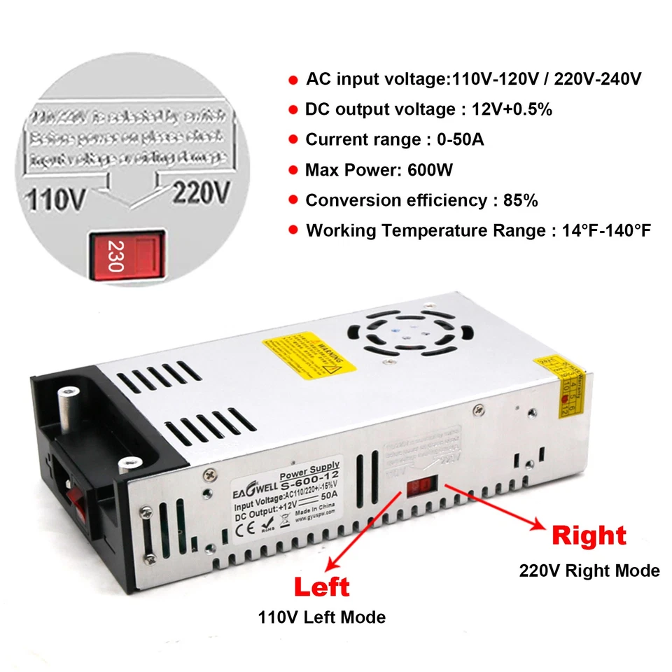 AC 110V To DC 12V 50A 600W Converter Power Supply SMPS Transformer for LED Strip - Image 4 of 4